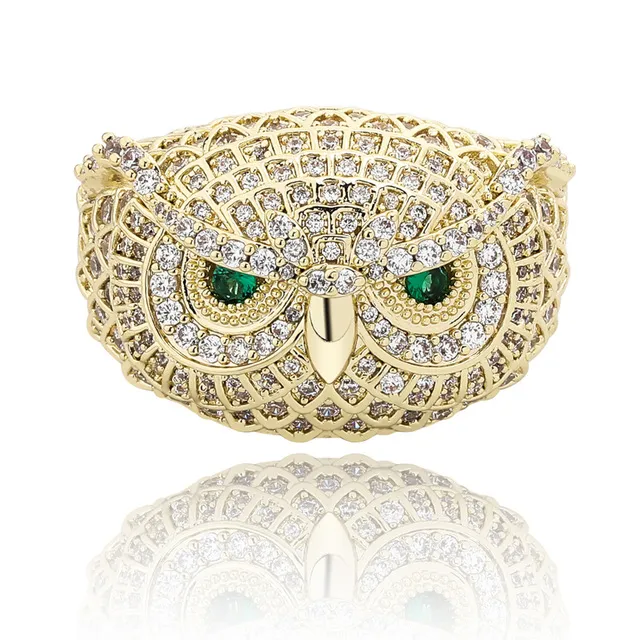 Hip Hop Micro Paved Green Eyed Owl Guld Silver Färg Bling Iced Out Cubic Zircon Ring Smycken Gift