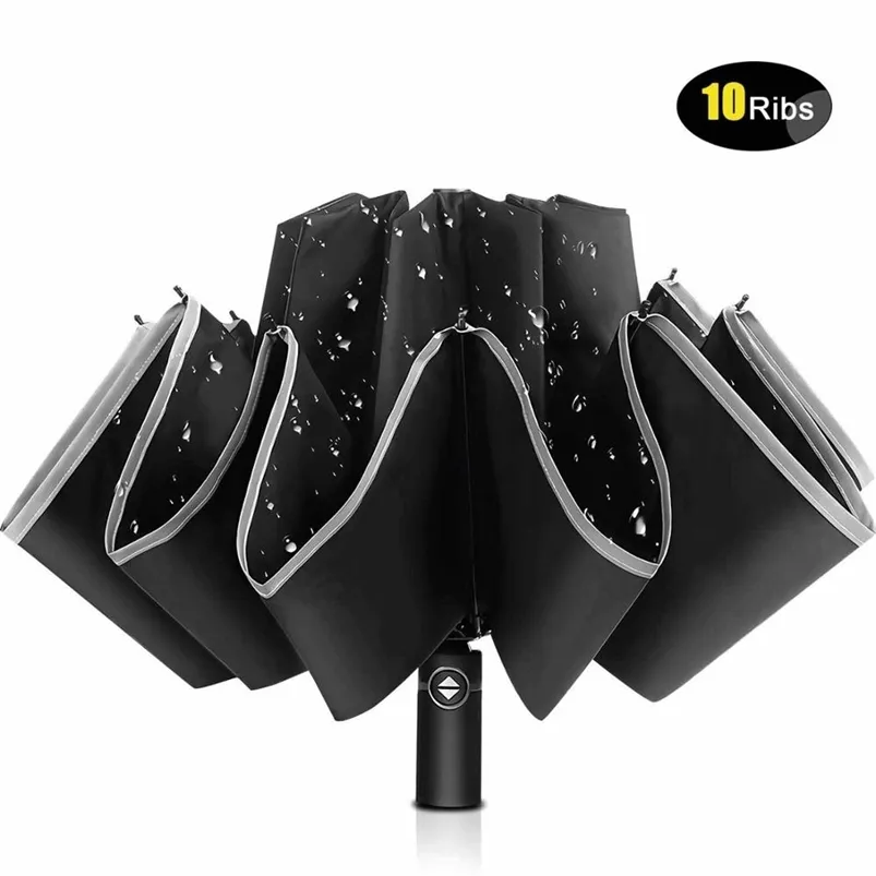 Guarda-chuva invertido de dobramento automático à prova de vento, 10 costelas guarda-chuva inversa portátil com faixa reflexiva, guarda-chuva chuva mulheres 201218