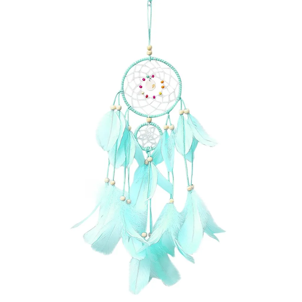Large Teal Feather Dream Catcher - Handmade In Peru, Suede, Beads, Natural Feathers