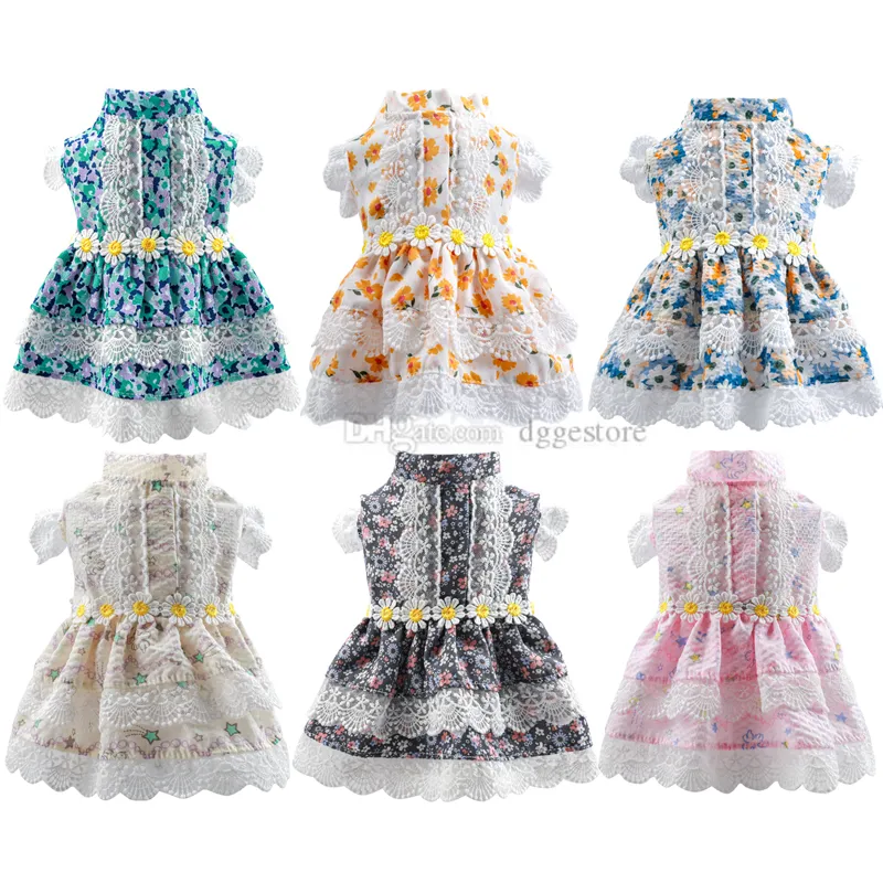 Dog Dress for Small Dogs Girl Summer Pet Clothes Cotton Dog Apparel Cute Floral Lace Puppy Cat Princess Dresses suit Bichon Frise Shih Tzu Chihuahua Poodle S A309