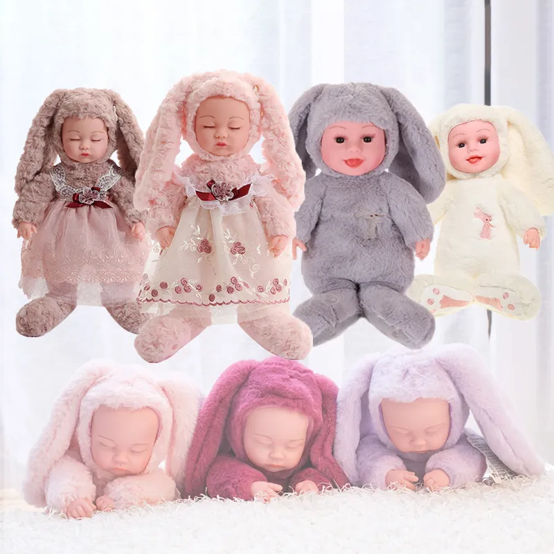 35CM Plush Doll Toy Long Ear Dress Rabbit Toys For Girls Cute Sleeping Smiling Baby Silicone Reborn Dolls For Children Gifts F1211