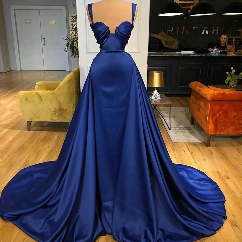 Formal Evening Dresses Royal Blue Arabic Dubai Abaya Satin 2021 Spagehtti Straps Prom Gowns Ruched Detachable Train robes de soirée AL7965