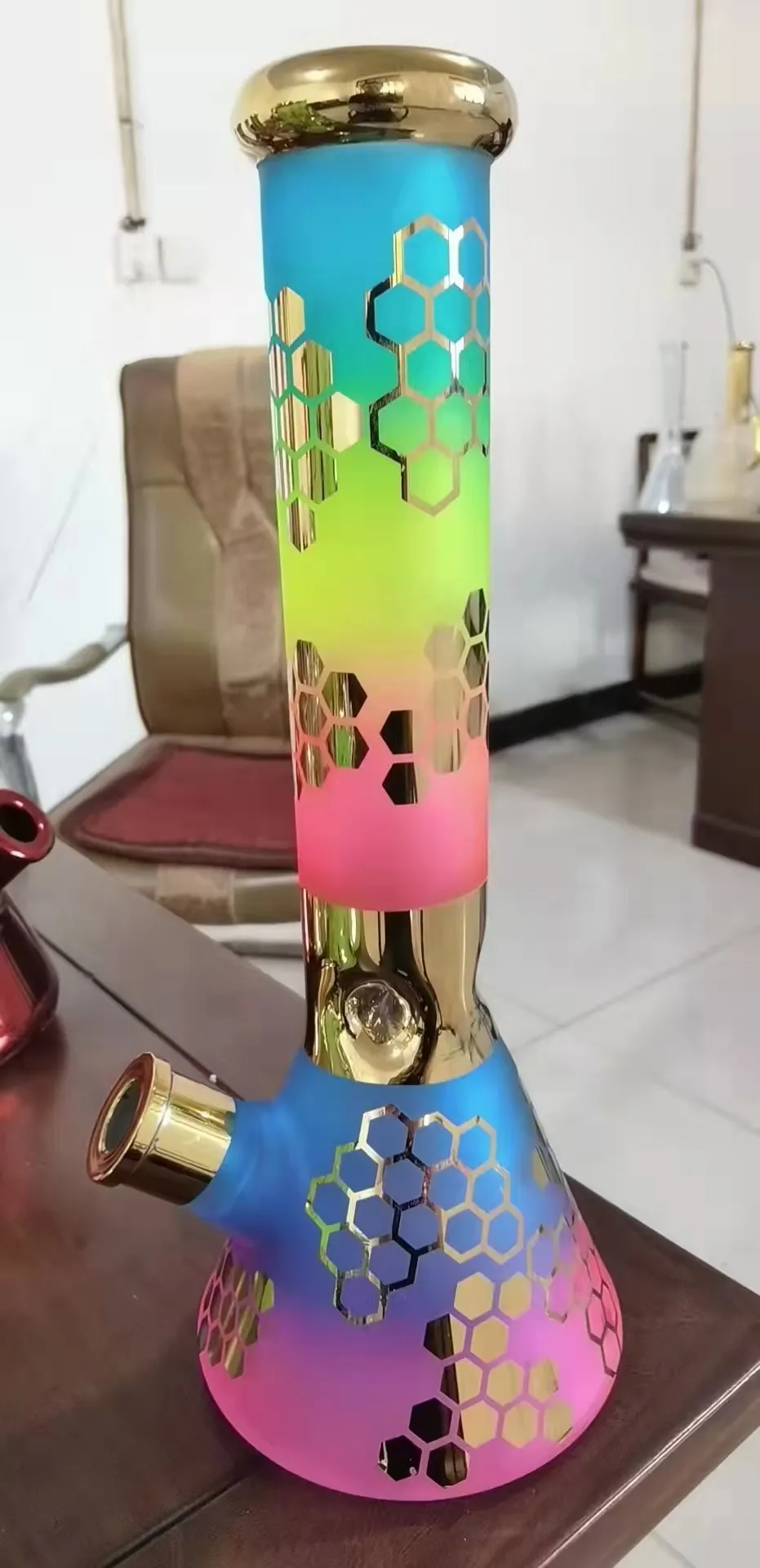 Vintage 14 Zoll 7 mm MULTICOLOR BEAKER Glas BONG Shisha Wasser Rauchpfeifen Ölbrenner kann Kundenlogo setzen