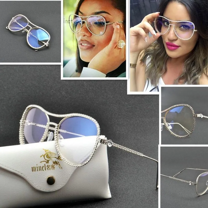 Lentes de lujo Gafas de sol Mujeres Diseñador Diamante Piloto Femenino Marco transparente Hecho a mano Rhinestone Gafas de sol para mujer FML