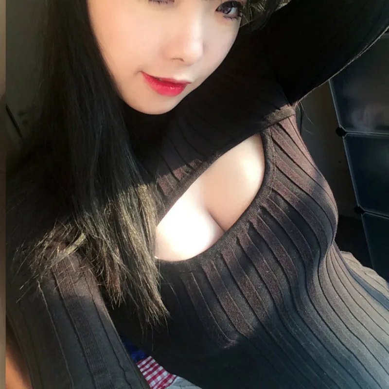 Open Chest Knitted Sweater Soft Black Halter Pullover Sexy V