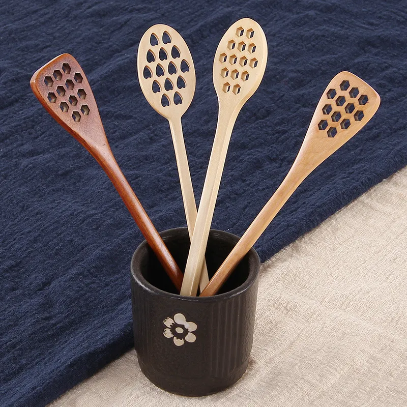 Cuillères à café au miel en bois Longue cuillère à mélanger Outils d'abeilles HoneyStirrerBâton d'agitation HoneyDipper Sculpture sur bois StirringSpoons LLS303-WLL