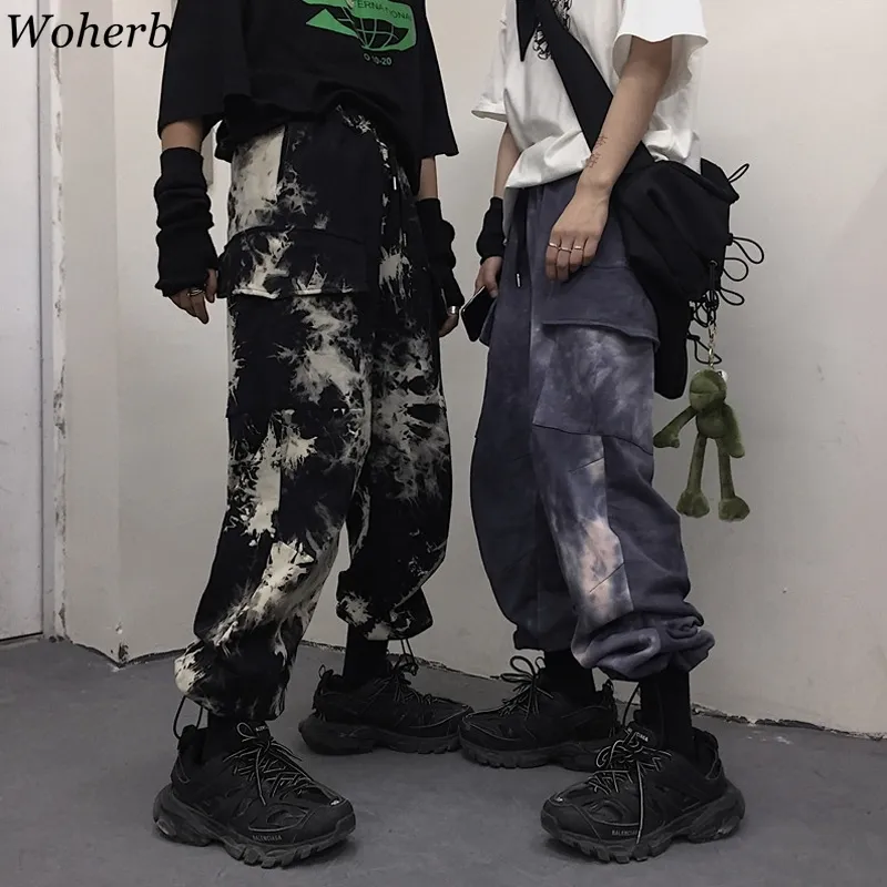 Woherb Tie Dye Streetwear Pantaloni cargo Donna Pantaloni casual Harajuku Vita alta Pantaloni larghi femminili Pantaloni stile coreano Pantaloni da donna 201012