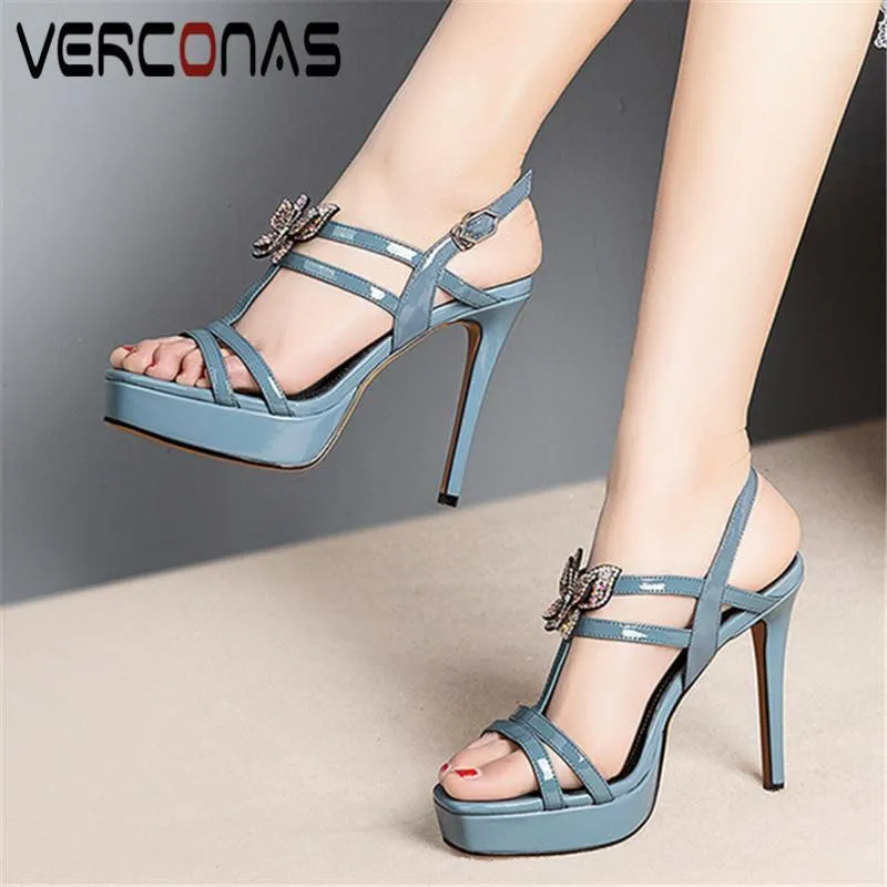VERCONAS Woman Sandals Woman Pumps Design Summer Genuine Leather Crystal Decoration Pointed Toe Thin Heeled Shoes1