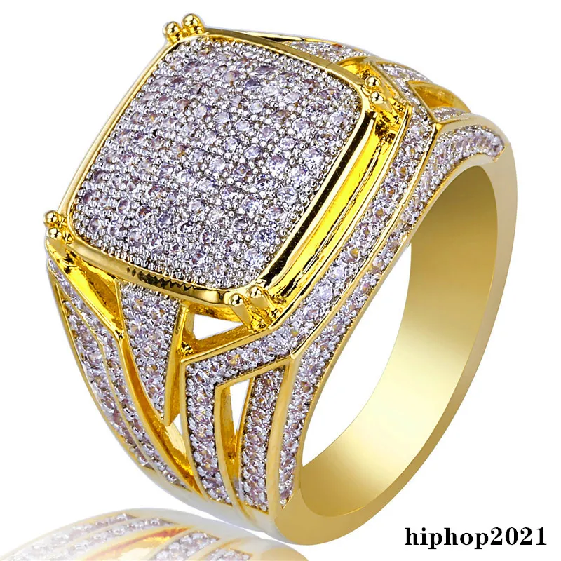 Gold Plated Rings For Mens Hiphop Ring Bling Iced Out Cubic Zircon Jewelry Ring