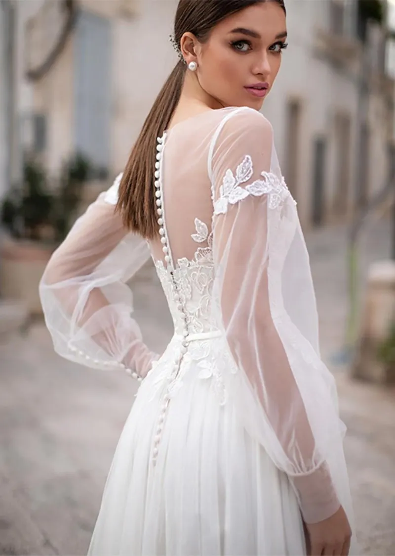 Boho Lace Applique Bishop Sleeve Wedding Dress With Puff Sheer