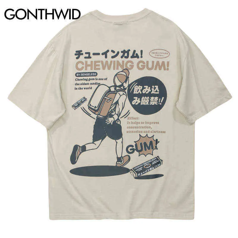 2022 힙합 T 셔츠 스트리트웨어 하라주쿠 빈티지 Kanji 포스터 그래픽 인쇄 티즈 남성 여름 면화 반소매 Tshirts Y220225