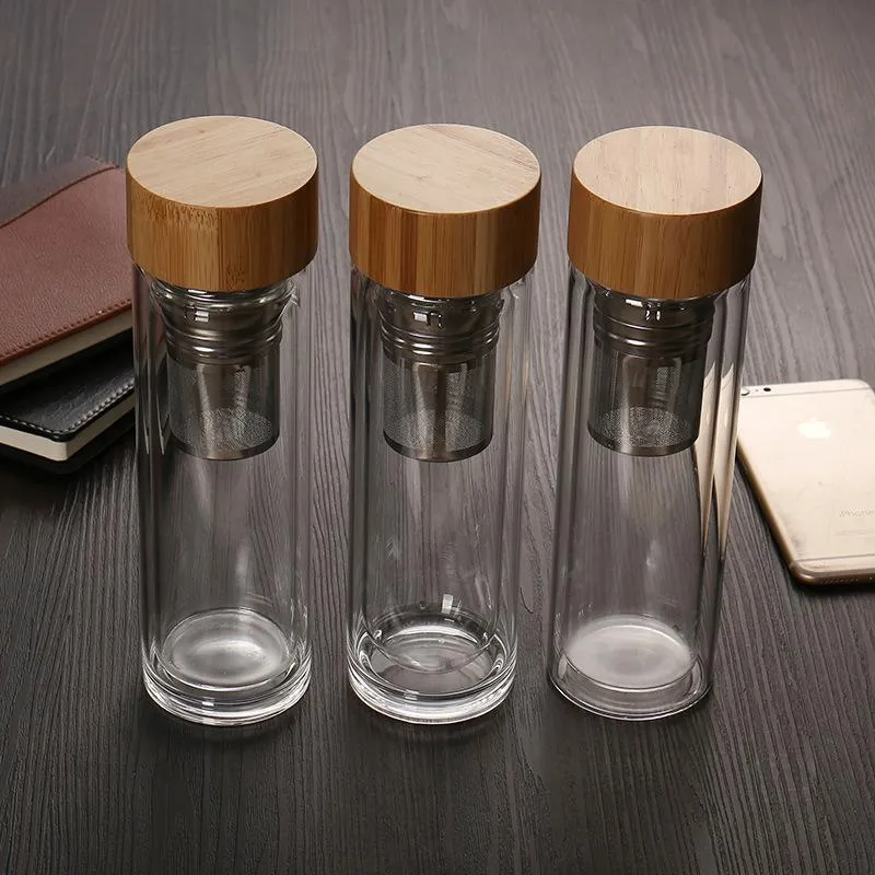 2021 450ml Water Bottles with Bamboo Lid Double Walled Glass Tea Cup with Tea Infuser Basket