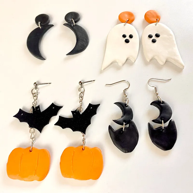 Yumuşak Kil Çömlekçilik Halloweendesign Dangle Narin Carve Desenler Küpe Kadınlar Kulak Ghost Kabak Yarasa Kedi Moda Takı Aksesuarları Hediye