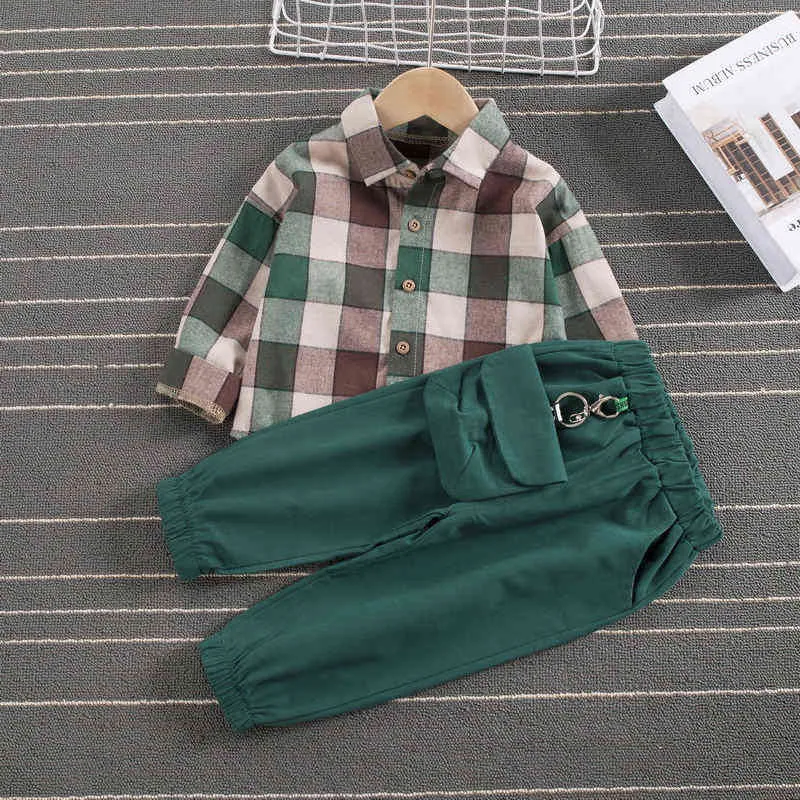 2021 Höst Vår Baby Boy Fashion Formal Clothing Kid Passar Set Plaid Shirt Byxor 2st Barnkläder Sats 1 2 3 4 5 år G220310