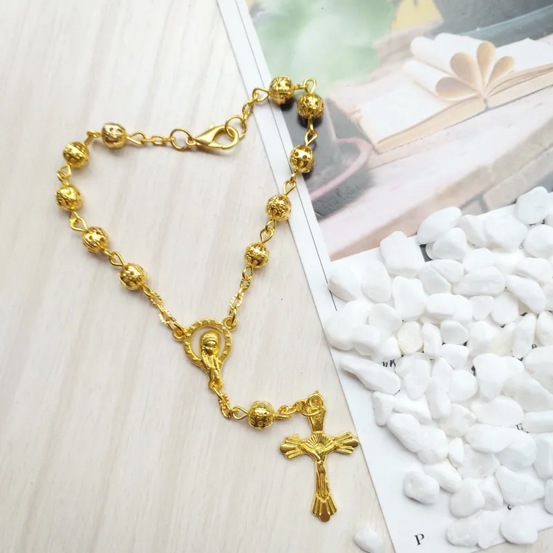 Hollow Out Metal Bead Rosary Bracelet Gold Cross Strand Armband Katolska Smycken Gåvor