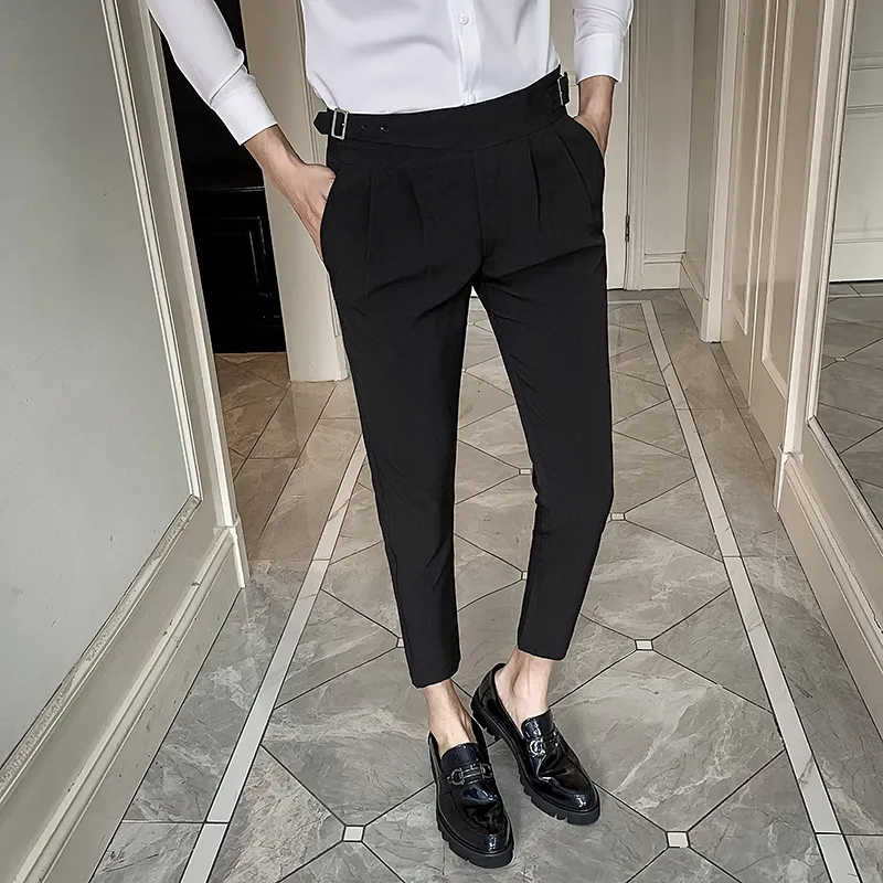 Men s White Slim Fit Pleated Dress Pants 100 Cotton Formal Business Suit Trousers for Wedding 2024 Casual Pantalon Costume