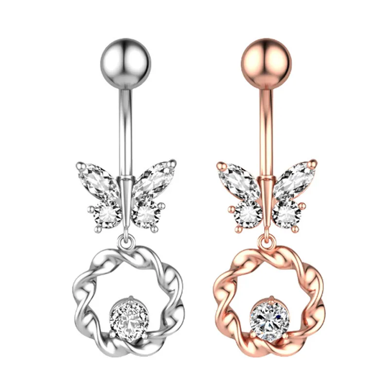 Rose Gold Silver Color Dangle Butterfly Navel Piercing & Bell Button Rings Surgical Stainless Steel for Women Fashion Summer Beach Party Jewelry