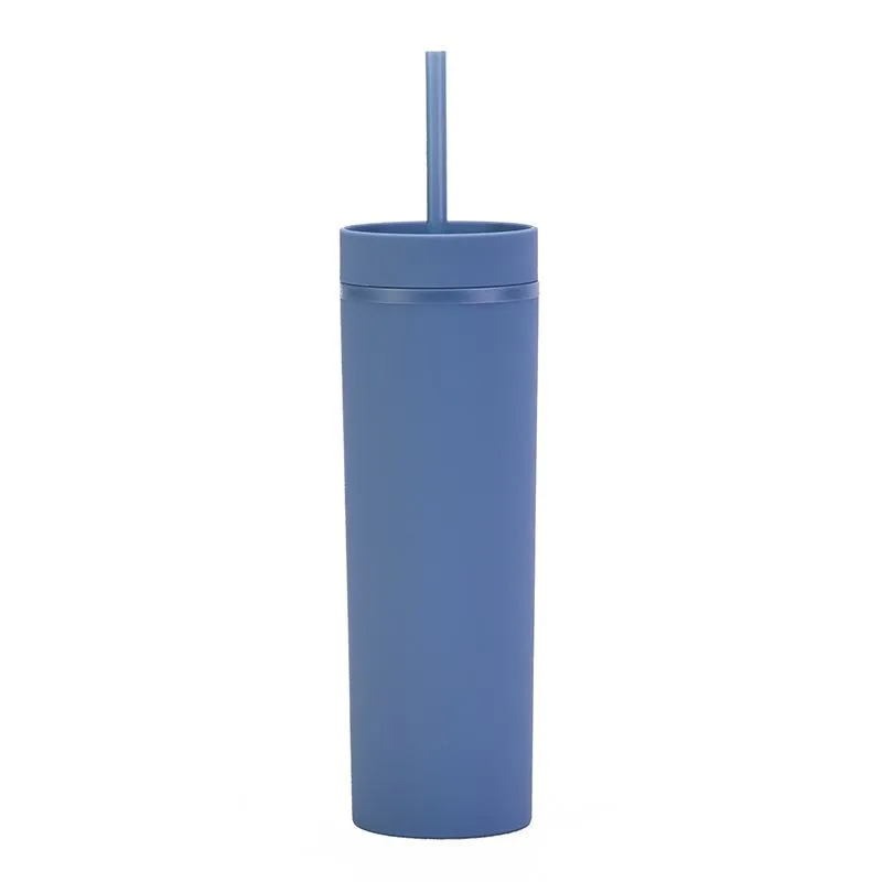 High Quality 16oz Mugs Double Layer Plastic Frosted Rubber Paint Water Cup Straight Body Straw Cup XG0379-1