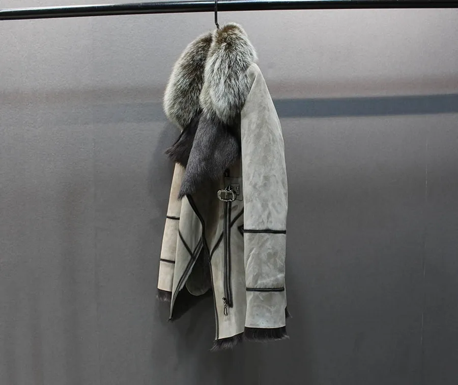 100% genuine sheepskin leather with fur coat slim with fox fur collar (2)