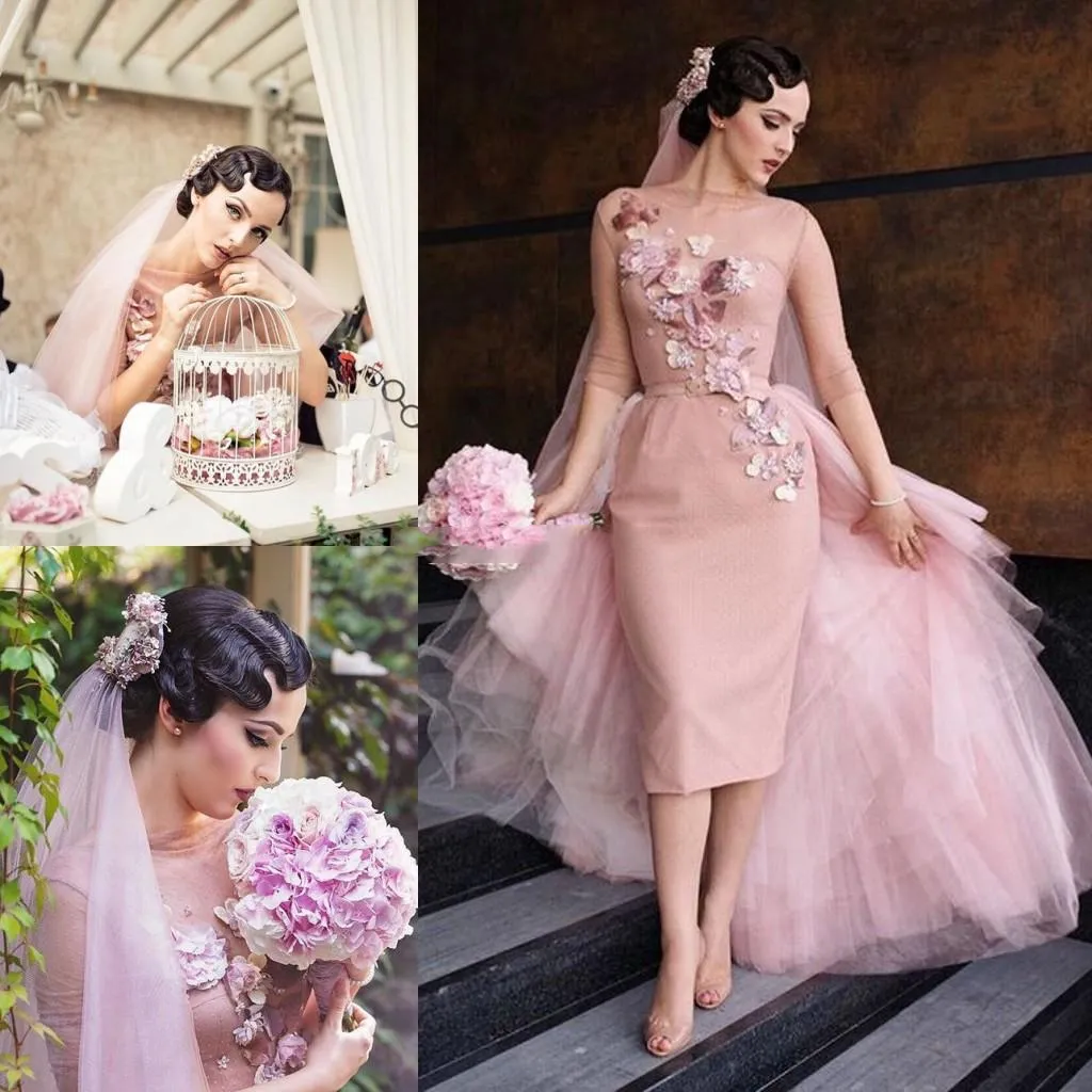 Blush Pink Short Sheath Wedding Dress with Detachable Overskirt 3D Flowers Tulle Half Sleeve Garden Bridal Gown