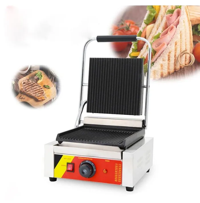 Kommersiell 110V 220V Livsmedelsförädlingsutrustning Nonstick Electric Steak Grill Sandwich Maker Restaurang Snack Shop Elektrisk Griddler Panini Pressmaskin