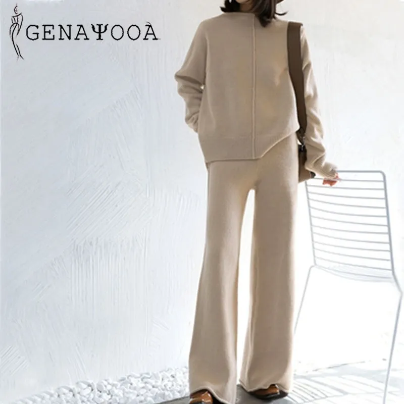 여성을위한 Genayooa Winter Tracksuit 2 조각 바지 정장 니트 긴 소매 두 조각 세트 탑 및 바지 여성 정장 outwear 한국어 201110