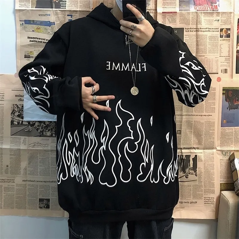 Rosetic Flame Print Hommes Sweats à capuche d'hiver épais Sweats à capuche Hommes Harajuku Lettre Tops Gothic Pulls Casual Couple Sweat-shirt 201020