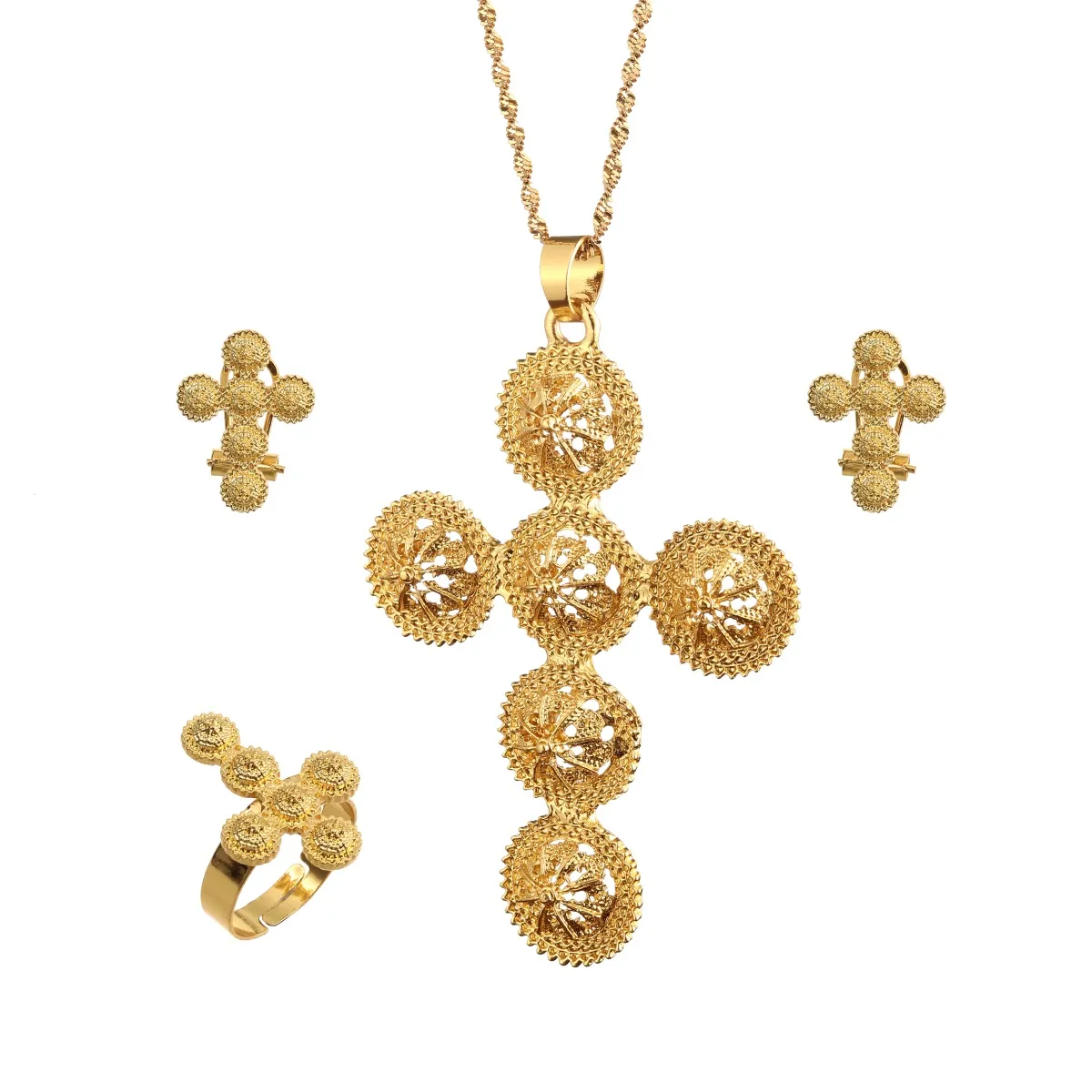 Ethiopian Traditional Cross Jewelry Sets Ethiopia Gold Eritrea Necklace Earrings For Women Habesha Wedding Party Gifts