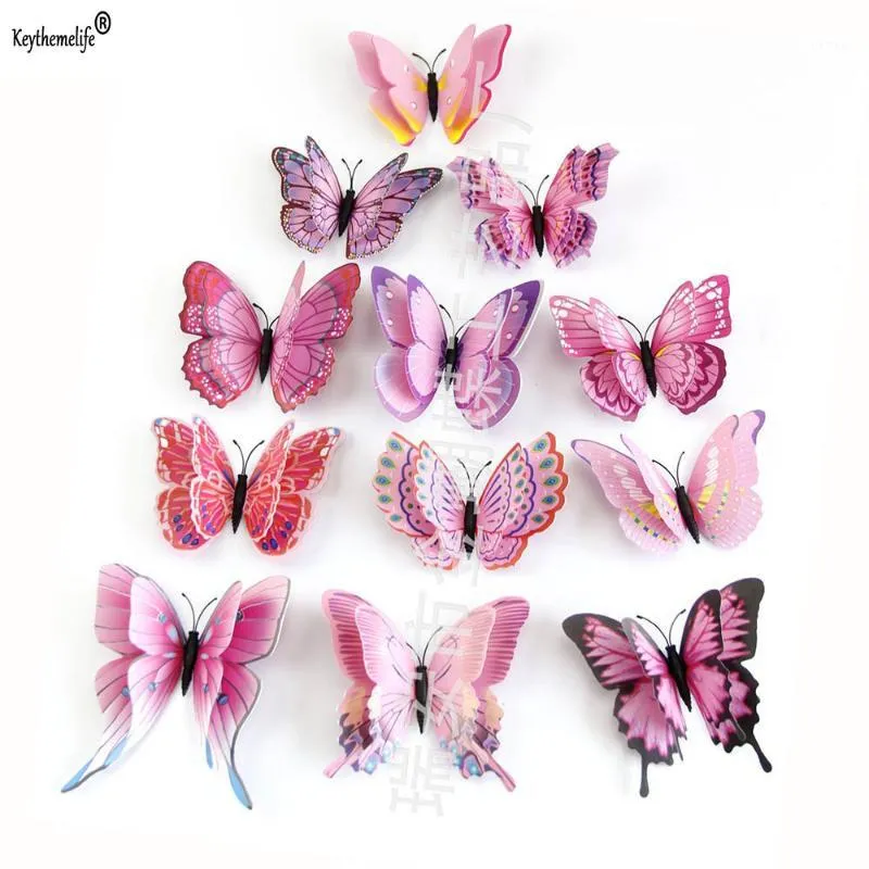 Keythemelife 12 unids/pack pegatinas de pared de mariposa de doble capa mariposas 3D decoración colorida del dormitorio para la decoración del hogar B51