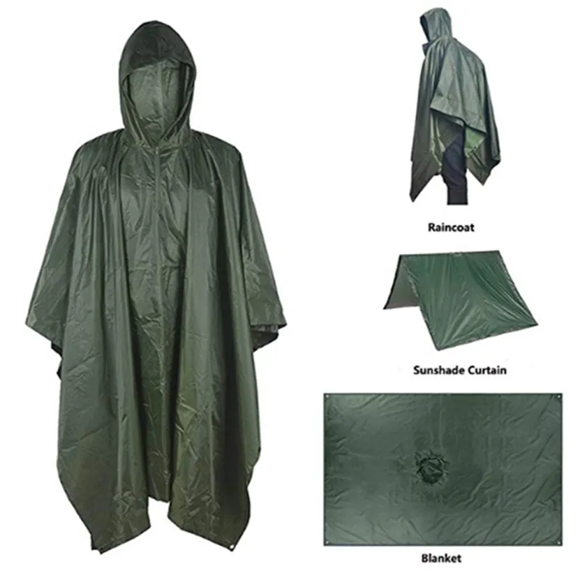 Multifunktionell regnrock Militär Vattentät Rain Coat Survival Poncho Utomhus Camping Tent Mat för Jakt Vandring 220217
