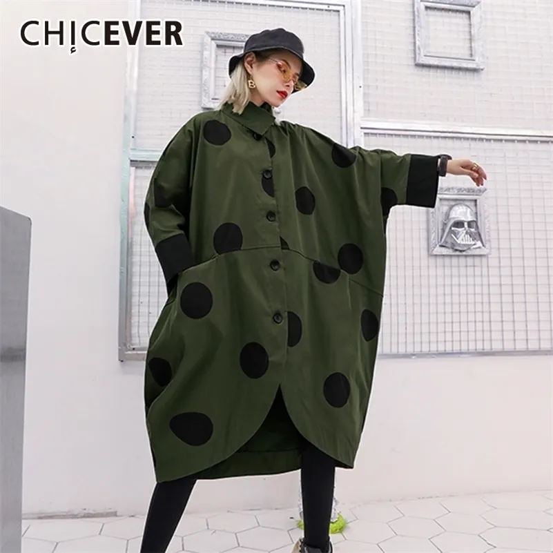 Cicever Dot Print Part для женщин Оголовочный воротник Полумана HiT Color Asymmetric Hem Bat Пальто женской моды Новая одежда 201031