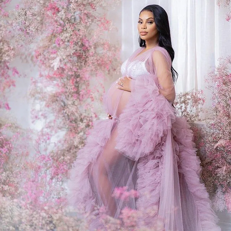 Lavendel Illusion Tulle Maternity Klänning För Fotografi Fancy Tiered Ruffles Ladies Sleepwear Grows för att skjuta Billiga
