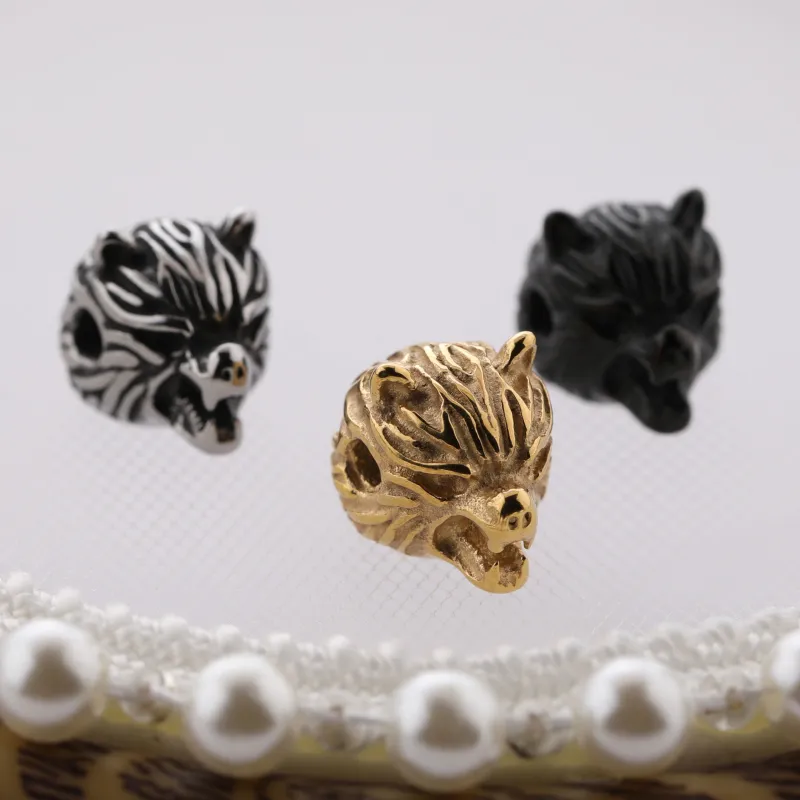14*10.5MM Fashion Men and Womens Handmade Metal Beads Bracelet Silver/Gold/Black Stainless Steel Tiger Head Charms