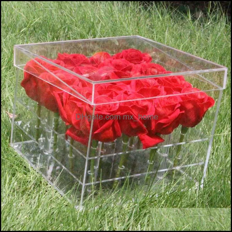 Luxury 16 Holes Clear Plastic Gift Acrylic Rose Flower Box With Lid Valentine Gift Box handmade acrylic