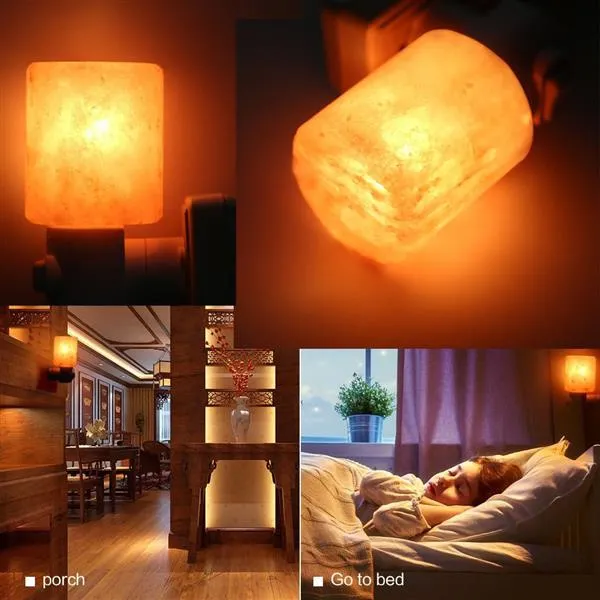 Squisito purificatore d'aria con lampada di sale dell'Himalaya con salgemma naturale a cilindro con luci notturne in ambra con base in legno