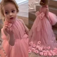 Formal Lovely Hi-Lo Pink Flower Girl Dresses for Weddings High Neck Sleeves Sweep Train 3D Floral Applique First Communion Dress