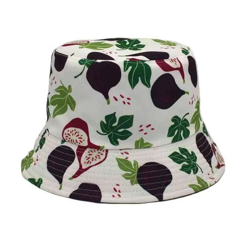 2022 Sommarfiskare hatt Panama Sun Hattar för kvinnor Män Hip Hop Caps Fashion Fruit Print Reversible Bucket Hat G220311