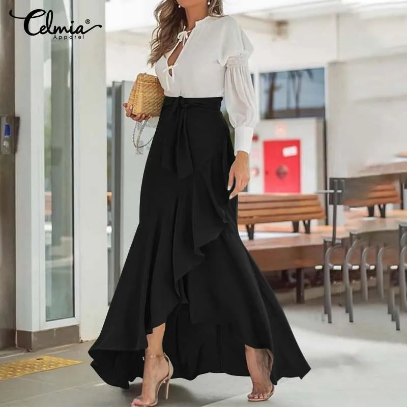 Rokjes Celmia Elegante Lange Rok Dames Mode Hoge Taille Gorded