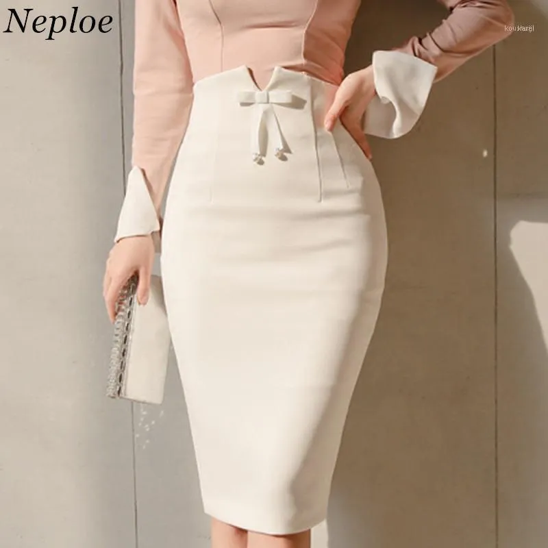 Women Pencil Skirt High Waist Bag Hip Bow Tie Ladies Elegant Skirts Slim Knee-length White Plus Size Skirt11