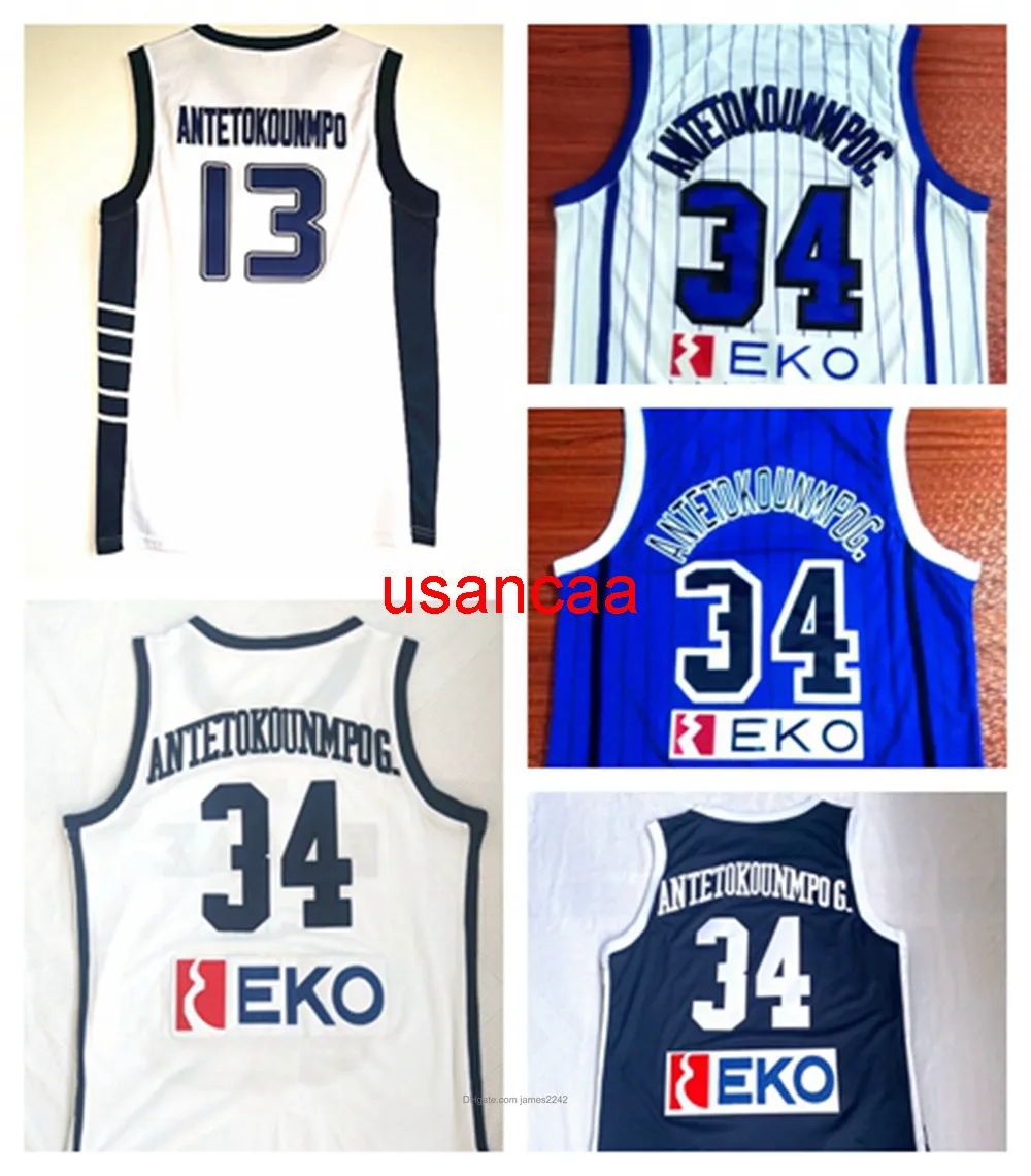 Giannis #13 Antetokounmpo #34 Grécia Hellas Basketball Jersey White Blue Mens All Sewn Bordery Size S-2xl