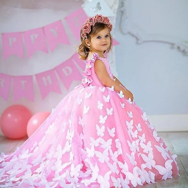 Robe de bal robes de fille de fleur Tulle 3D Appliques florales robes de reconstitution historique papillon Communion déguisements Costumes enfants formel