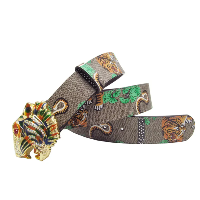 Western Tiger Print Design Leather Strap Men Belt Rhinestone Tiger Buckle Men Jeans 201124