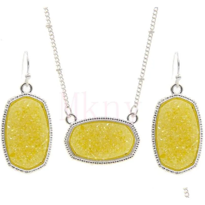 oval style resin drusy druzy silver necklace earings luxury designer jewelry set for women wedding party gift christmas