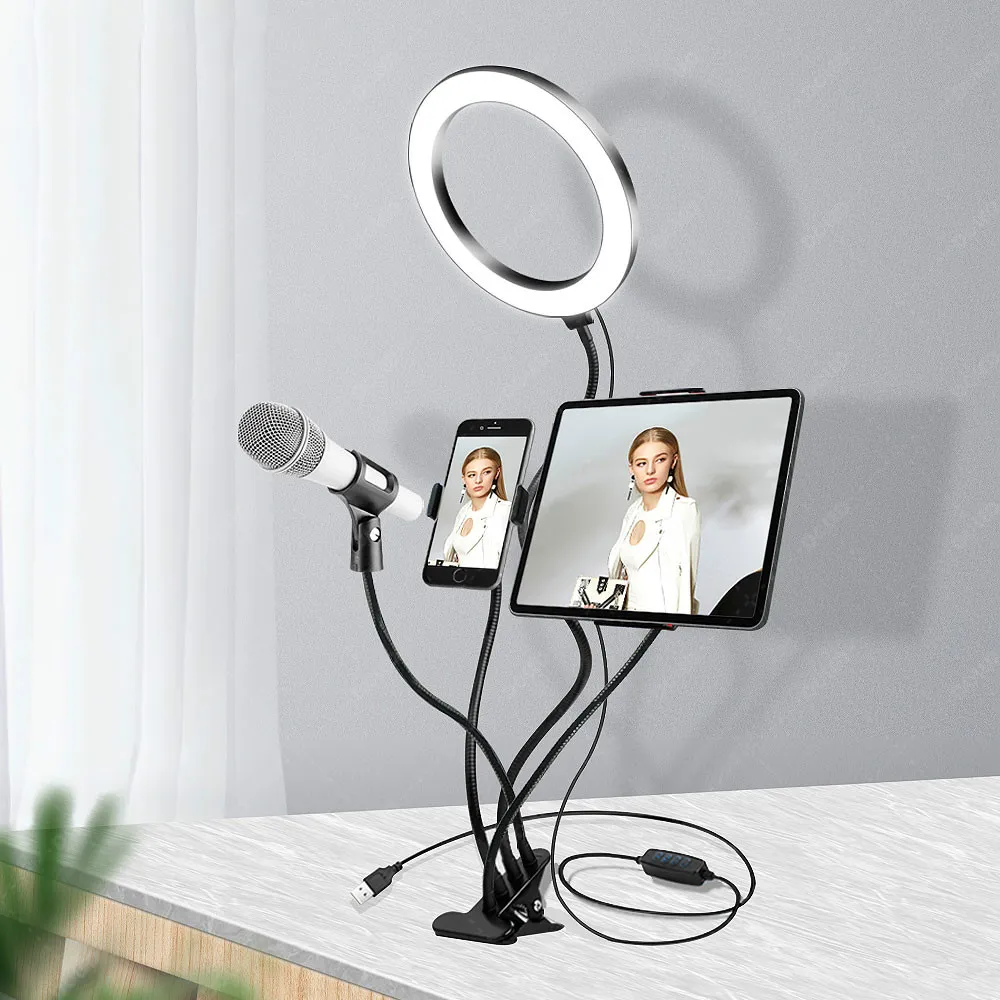 Live-Stream-Kit, Ringlicht, Schwanenhals-Kreislampe mit Halterung für Mikrofon, Smartphone, Tablet, 3 Beleuchtungsmodi für Selfie-Videos