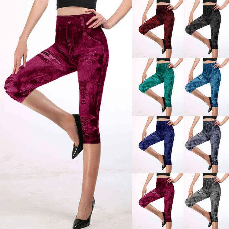 Vertvie Women Fitness Leggings 3/4 Comprimento Calças de Yoga para Calças de Cintura Feminina Super Elastic Slim Jeggings Plus Size 3XL H1221
