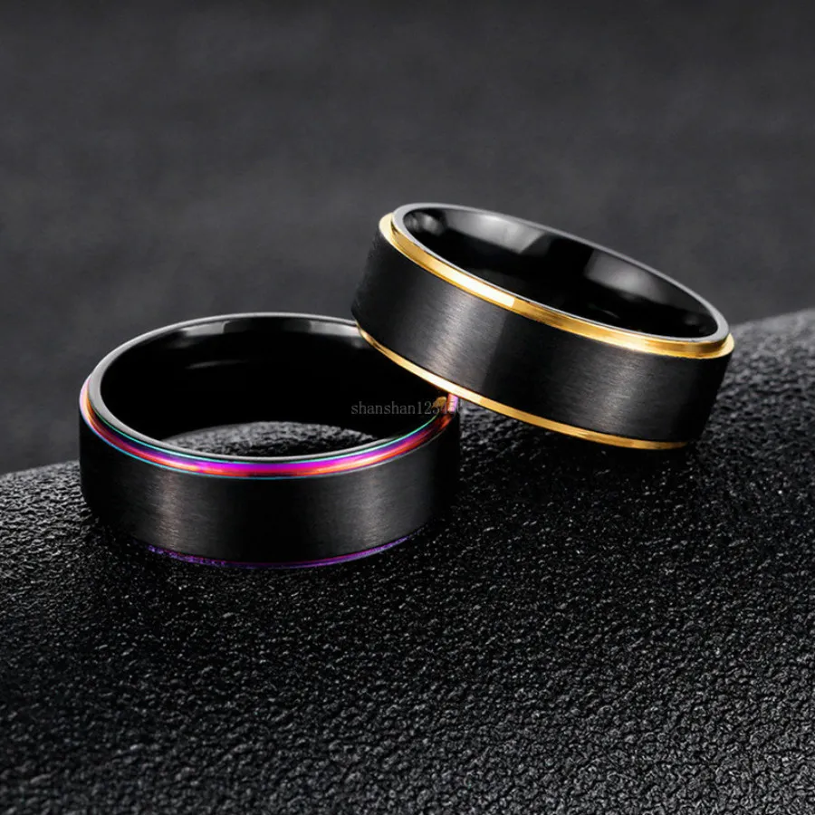 Fashion Gold Side Black Stainless Steel rings band finger Wedding Ring Jewelry for Women Men Gift Will and Sandy