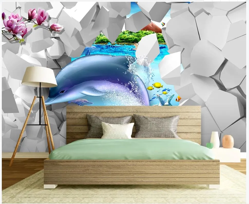 Niestandardowe zdjęcie tapety malowidła ścienne do ścian 3D moda nowoczesna podwodna świat delfin delfin cegła 3D TV tło tło papiery ścienne dekoracja domu