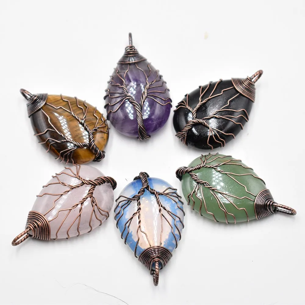 Natural Stone Crystal Tree of Life Charms Antique Waterdrop Pendants Rose Quartz Wire Wrapped Trendy Jewelry Making Wholesale