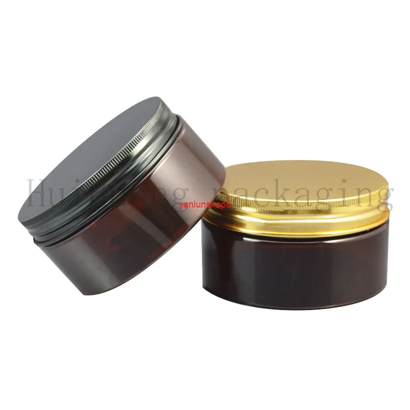 20 stks / partij 200g Make Up Jar Black Gold Aluminium Top Cover Pot Bruin Ronde Cream Emulsion Plastic Revillable Cosmet Good Package