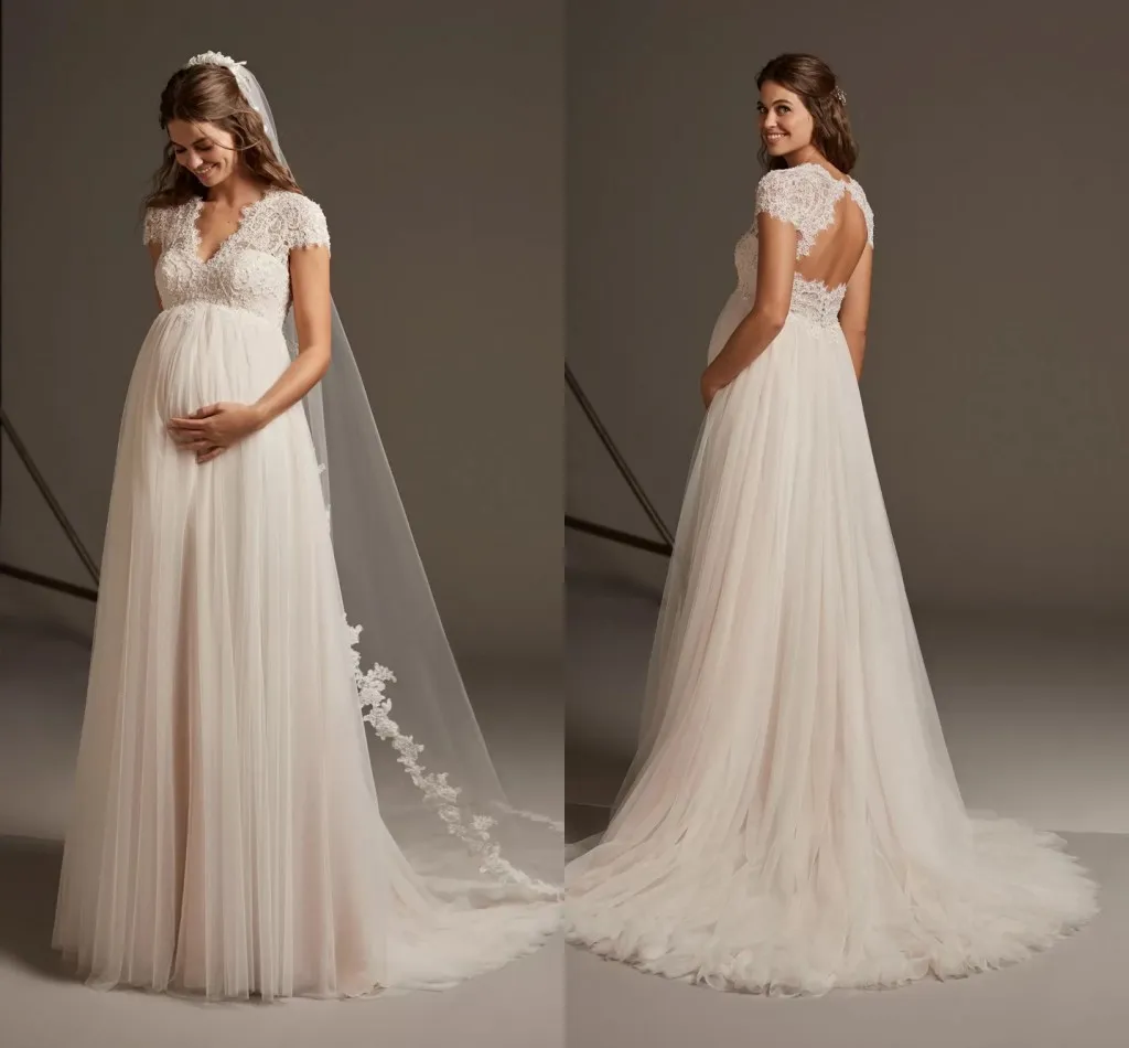 Abiti da sposa a vita impero per maternità incinta con scollo a V in pizzo Appliques Piccoli cristalli lucidi Abiti da sposa Maniche ad aletta vintage Una linea Tulle Robes de Mari￩e CL0064